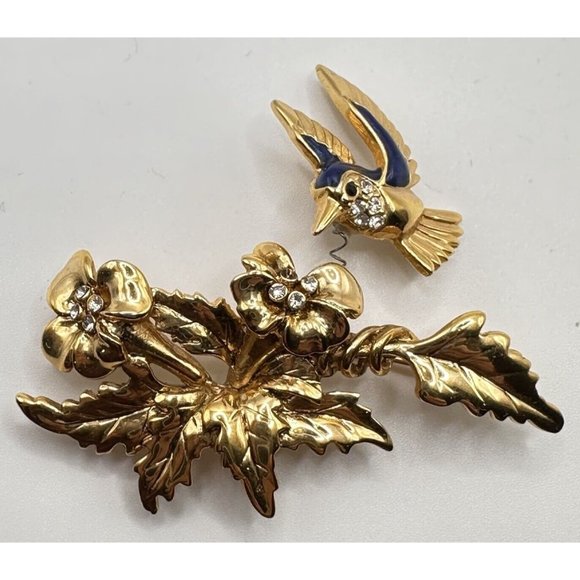 Danecraft Goldtone Enamel & Rhinestone Hummingbird Flowers Trembler Pin Brooch - Picture 4 of 7